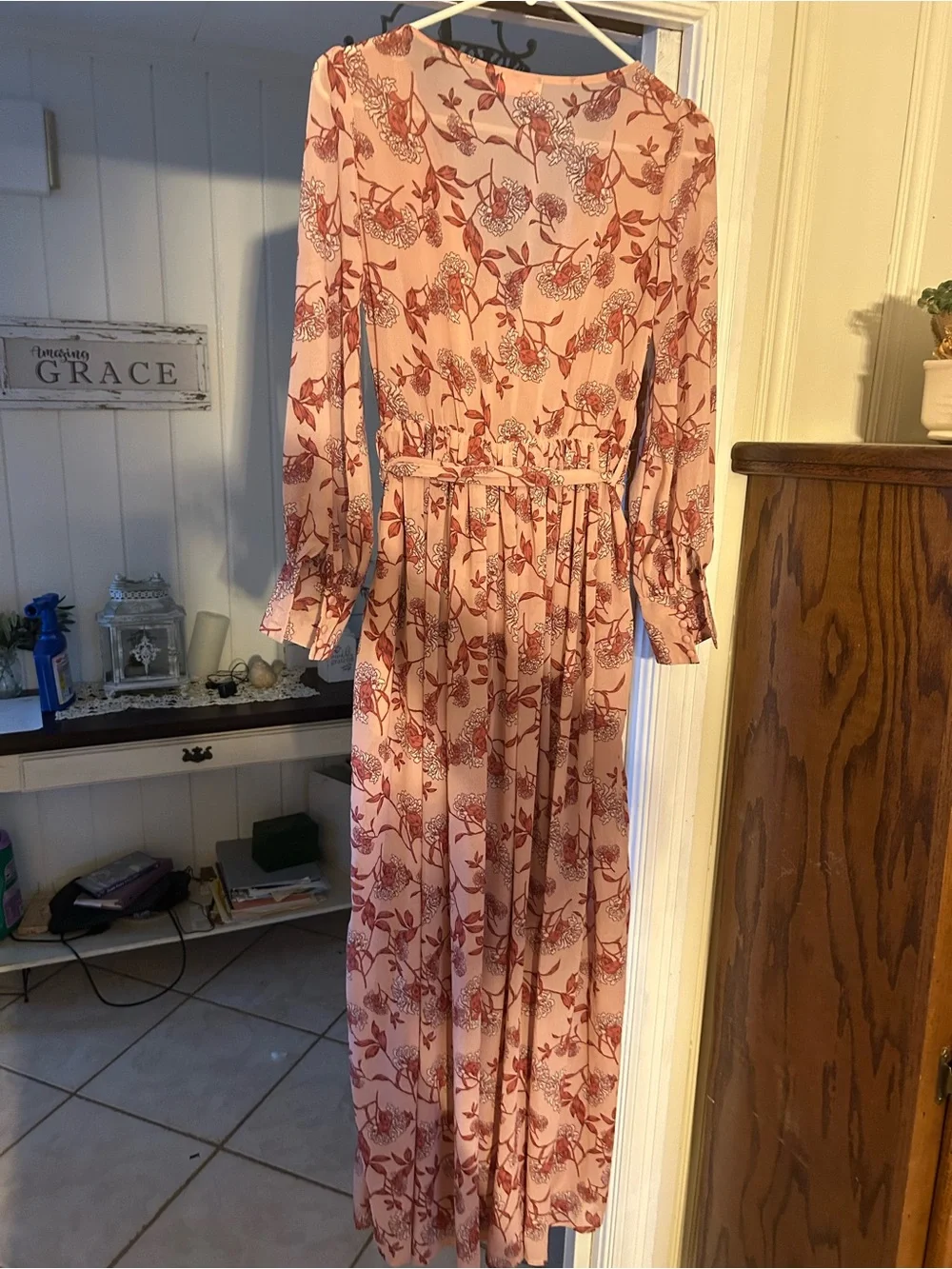 Blush Pink Floral Long-Sleeve Maxi Dress with Tie Waist